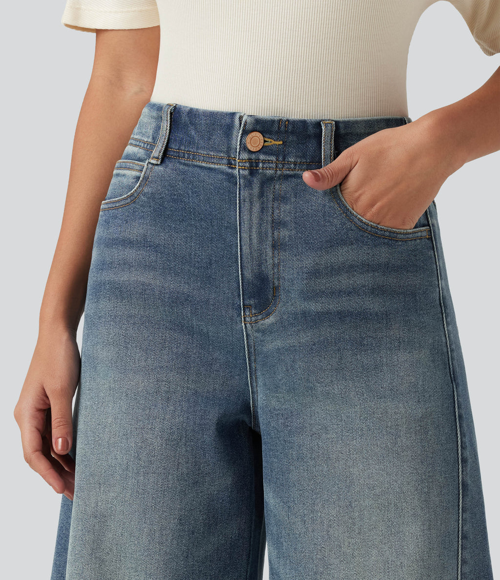 High Waisted Casual Cotton Flare Jeans with Pockets — Tide Blue Denim — view 4