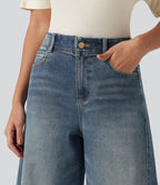 High Waisted Casual Cotton Flare Jeans with Pockets — Tide Blue Denim — view 4