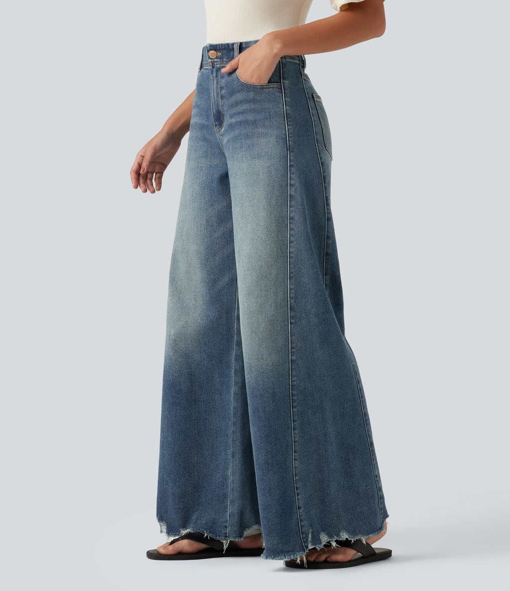 High Waisted Casual Cotton Flare Jeans with Pockets — Tide Blue Denim — view 3