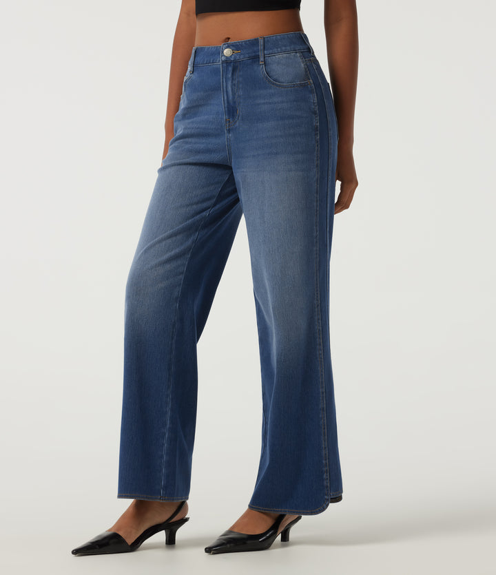 Mid Rise Straight Leg Casual Cotton Jeans with Pockets — Tide Blue Denim — view 1