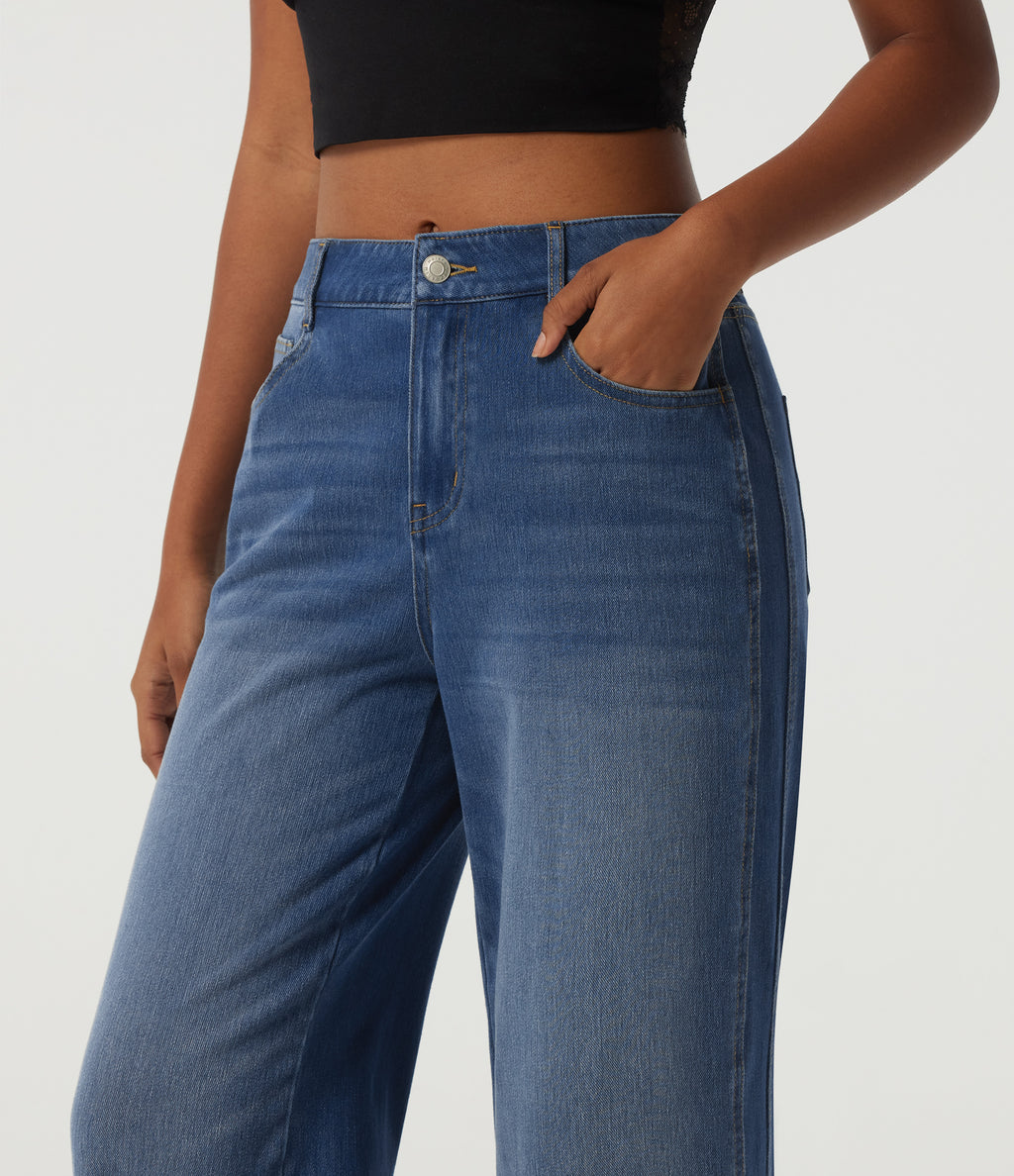 Mid Rise Straight Leg Casual Cotton Jeans with Pockets — Tide Blue Denim — view 4