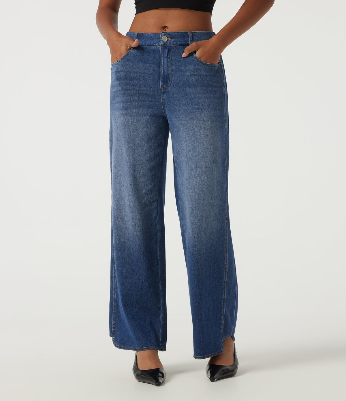 Mid Rise Straight Leg Casual Cotton Jeans with Pockets — Tide Blue Denim — view 3
