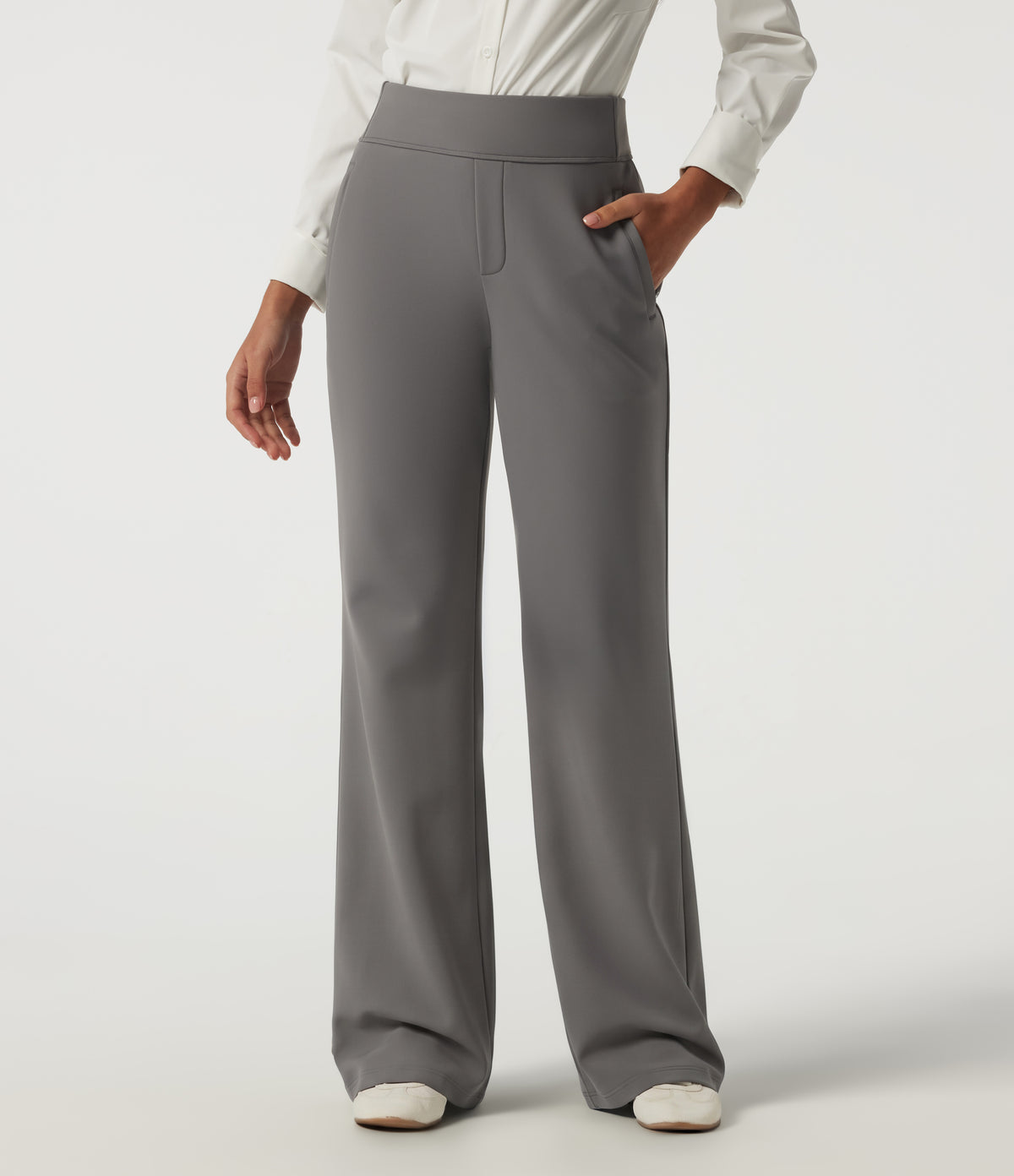 High Waisted Flare Fleece Work Trousers with Pockets — Silent Storm — view 4