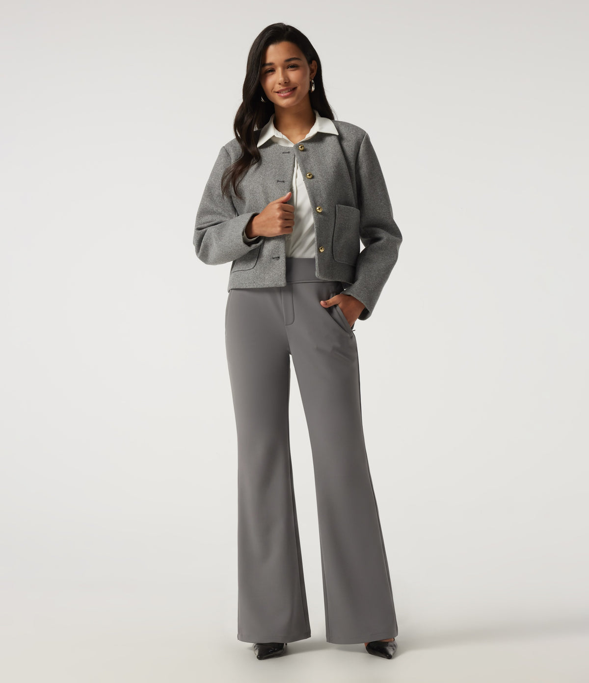 High Waisted Flare Fleece Work Trousers with Pockets — Silent Storm — view 7