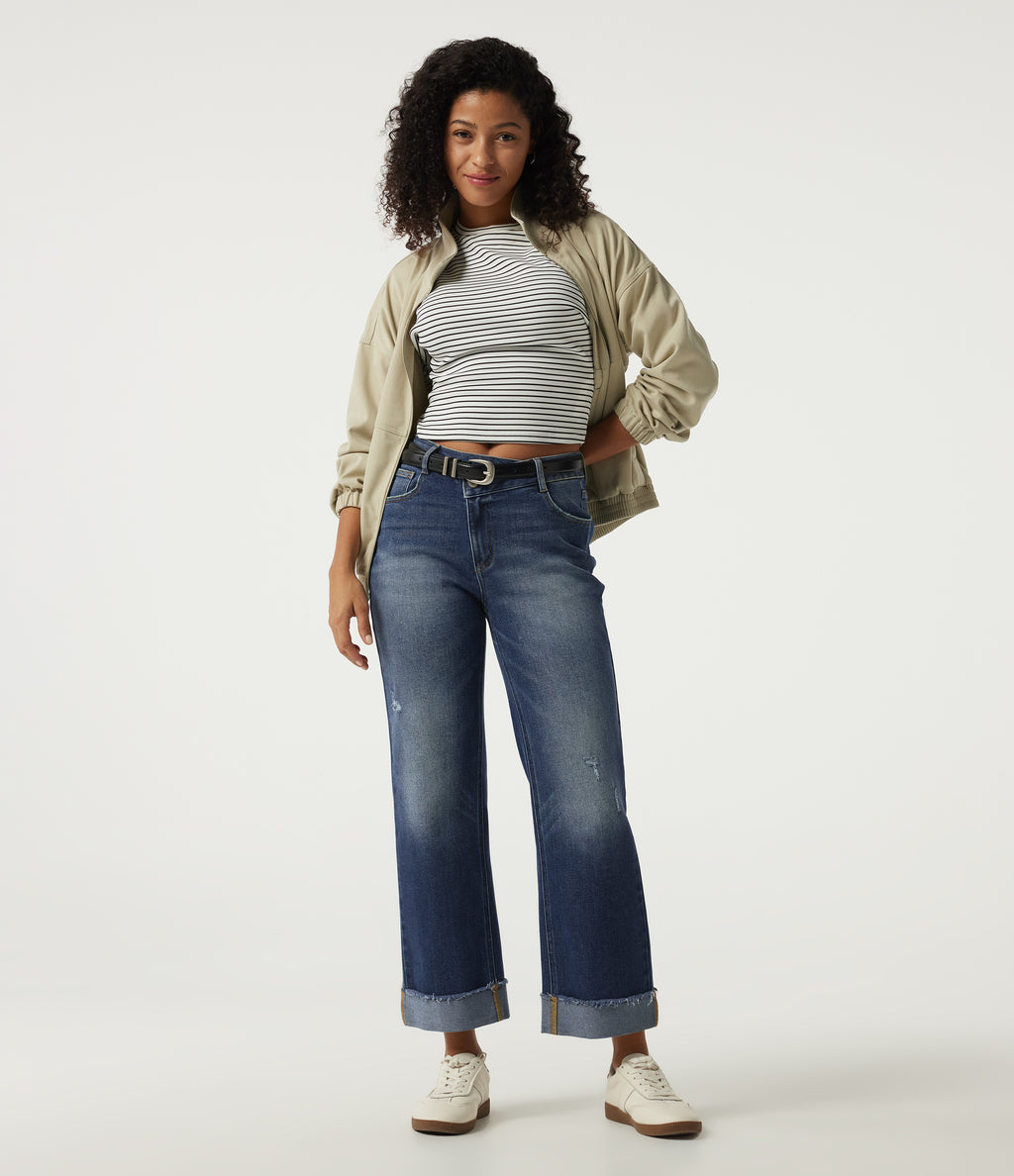 Mid Rise Straight Leg Asymmetric Casual Jeans with Pockets — Tide Blue Denim — view 8