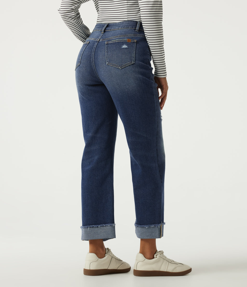 Mid Rise Straight Leg Asymmetric Casual Jeans with Pockets — Tide Blue Denim — view 2