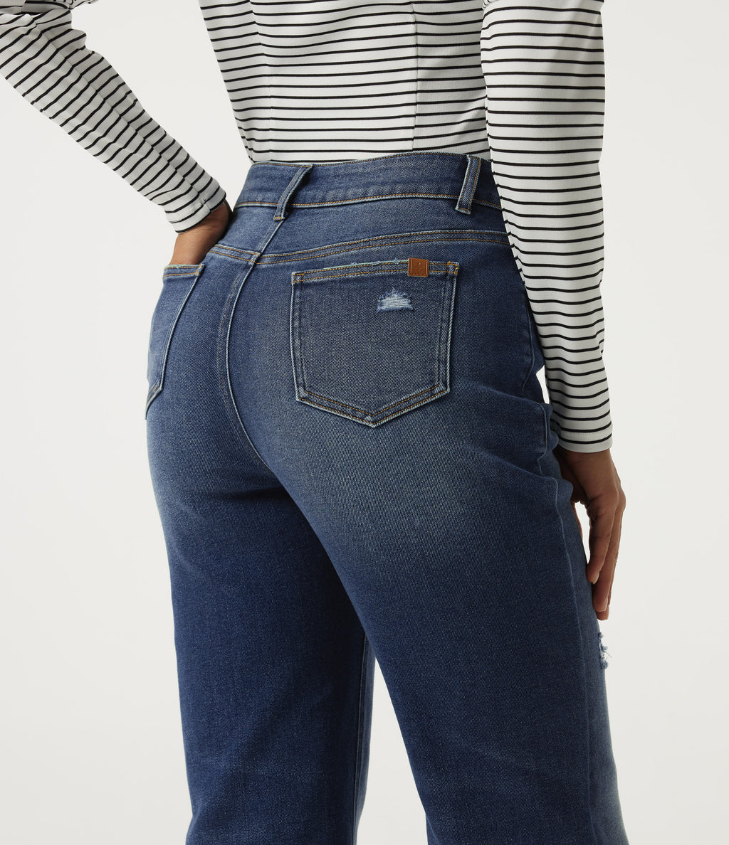 Mid Rise Straight Leg Asymmetric Casual Jeans with Pockets — Tide Blue Denim — view 5