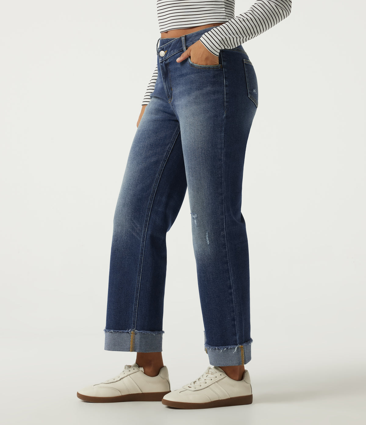 Mid Rise Straight Leg Asymmetric Casual Jeans with Pockets — Tide Blue Denim — view 3