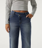 Mid Rise Straight Leg Asymmetric Casual Jeans with Pockets — Tide Blue Denim — view 4