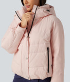 Hooded Long Sleeve Plaid Casual Down Jacket with Pockets — Mauve Chalk — view 8