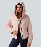Hooded Long Sleeve Plaid Casual Down Jacket with Pockets — Mauve Chalk — view 6