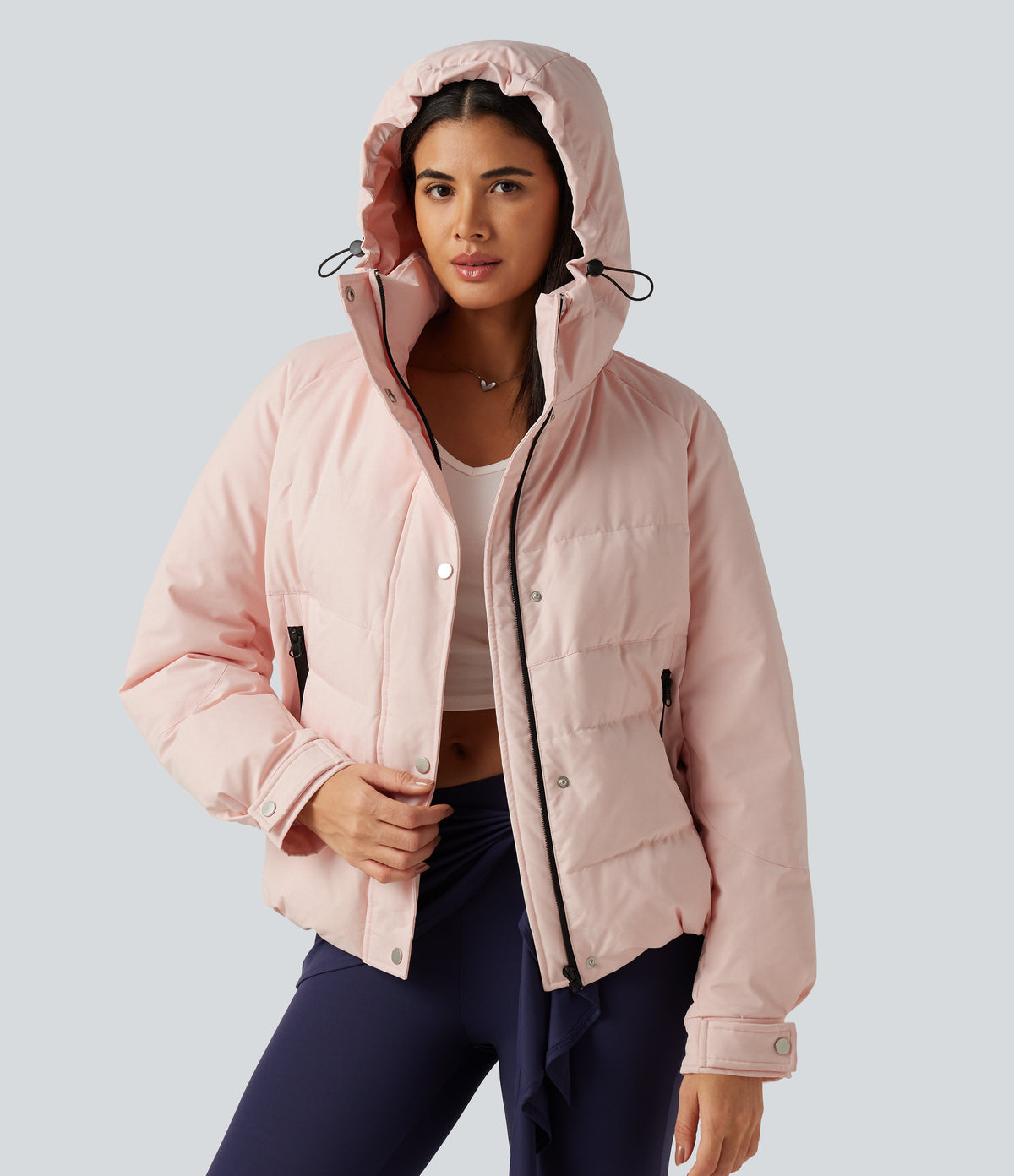 Hooded Long Sleeve Plaid Casual Down Jacket with Pockets — Mauve Chalk — view 6
