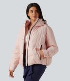 Hooded Long Sleeve Plaid Casual Down Jacket with Pockets — Mauve Chalk — view 3