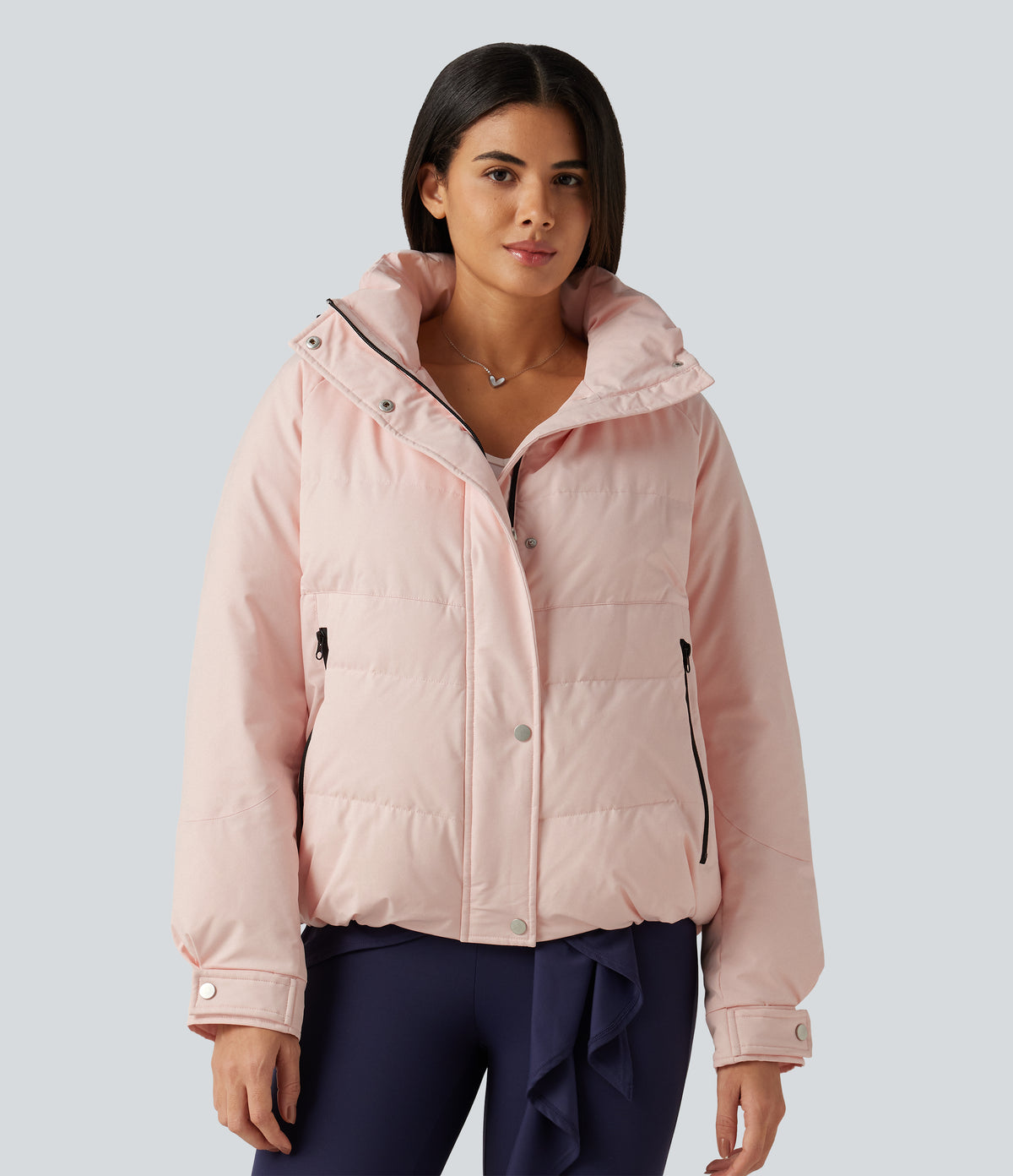 Hooded Long Sleeve Plaid Casual Down Jacket with Pockets — Mauve Chalk — view 5