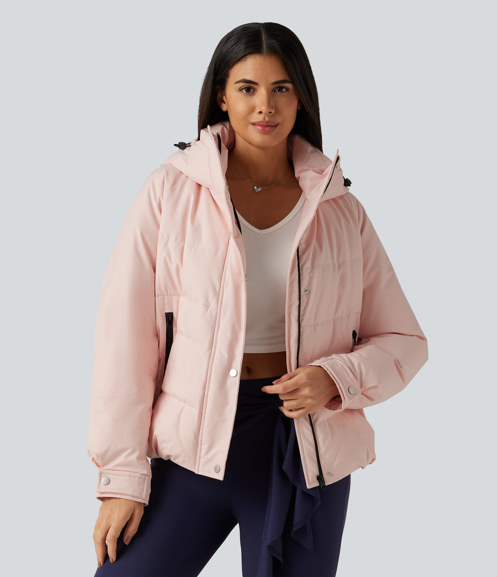 Hooded Long Sleeve Plaid Casual Down Jacket with Pockets — Mauve Chalk — view 4