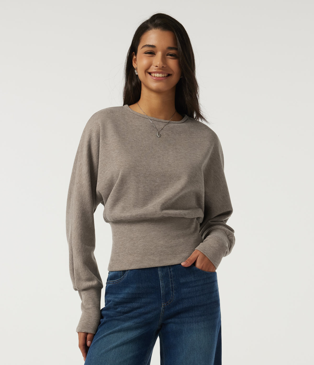 Ribbed Knit Round Neck Long Sleeve Casual Top — Taupe Stripe — view 4