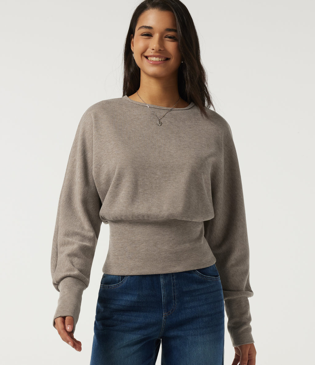 Ribbed Knit Round Neck Long Sleeve Casual Top — Taupe Stripe — view 1