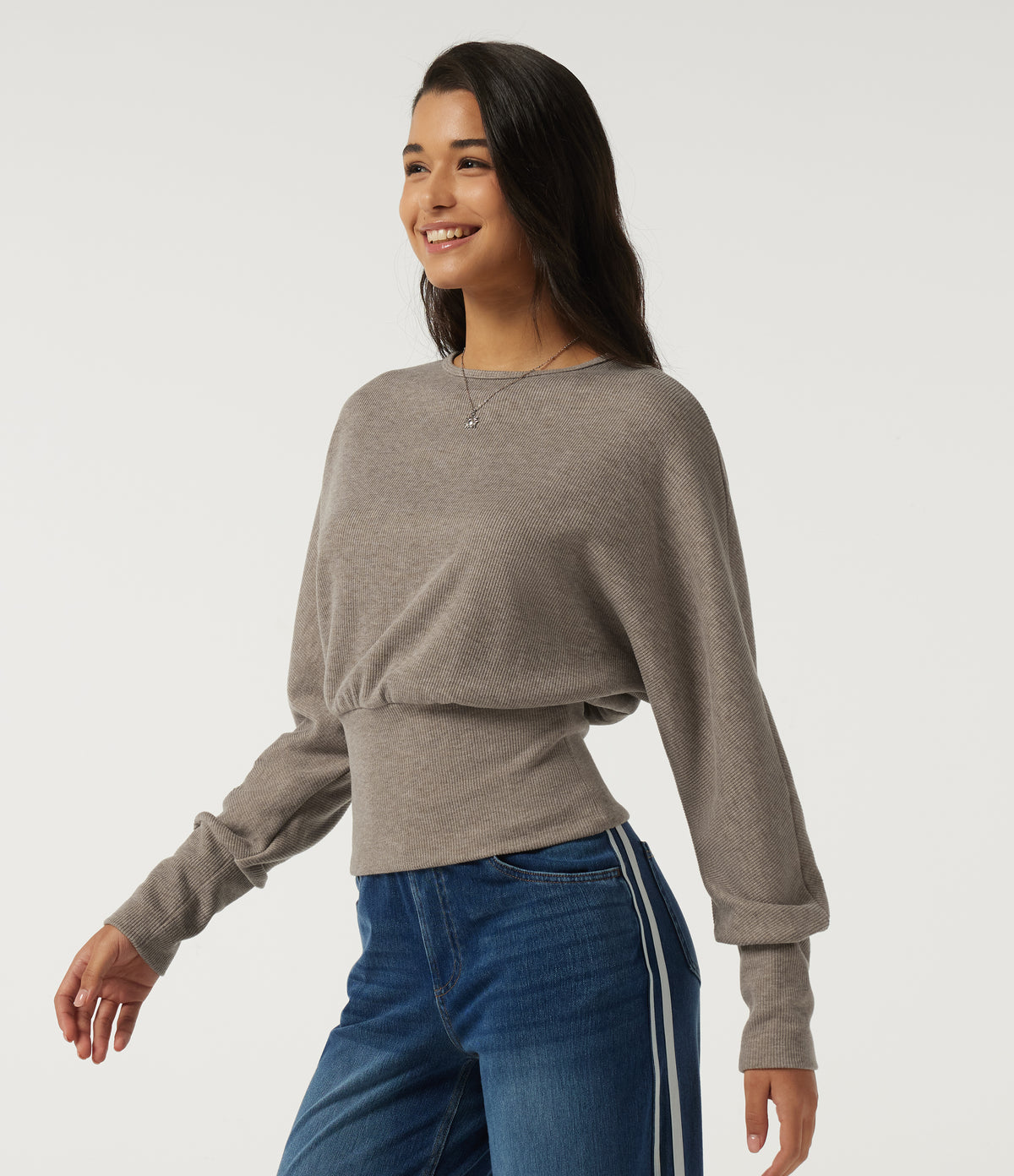 Ribbed Knit Round Neck Long Sleeve Casual Top — Taupe Stripe — view 3