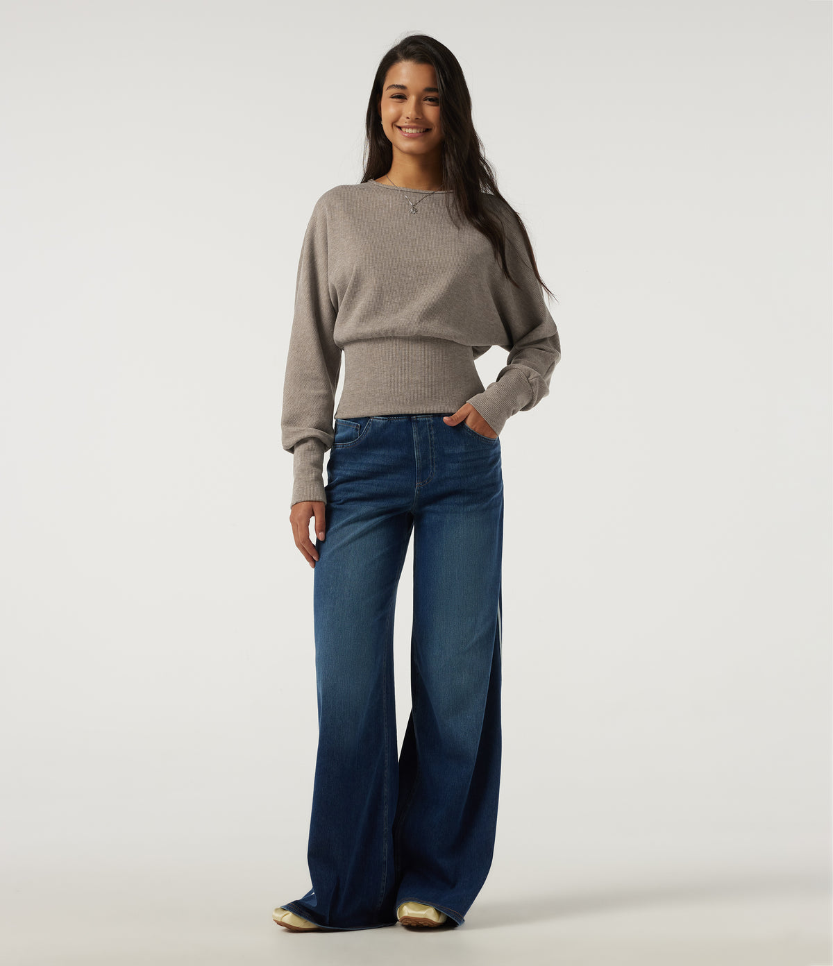 Ribbed Knit Round Neck Long Sleeve Casual Top — Taupe Stripe — view 6