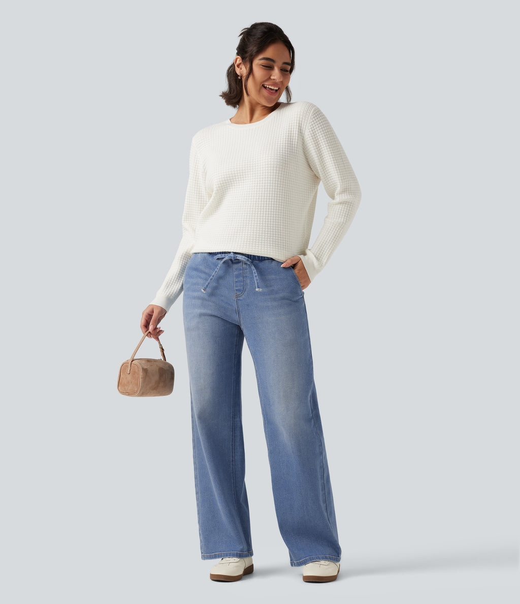 Low Rise Drawstring Wide Leg Casual Jeans with Pockets — Blue Jasper Denim — view 7