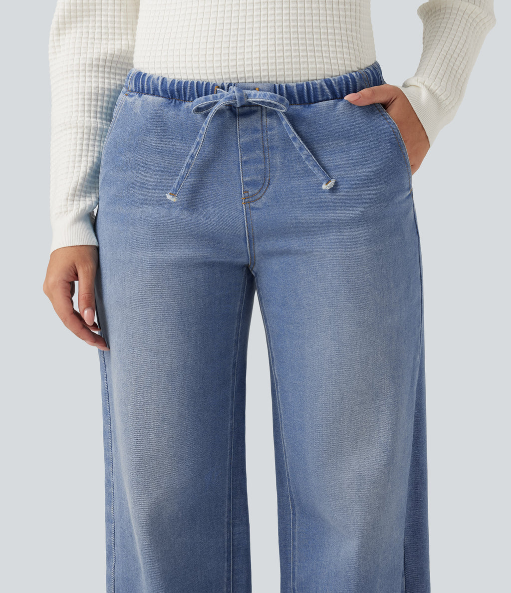 Low Rise Drawstring Wide Leg Casual Jeans with Pockets — Blue Jasper Denim — view 4
