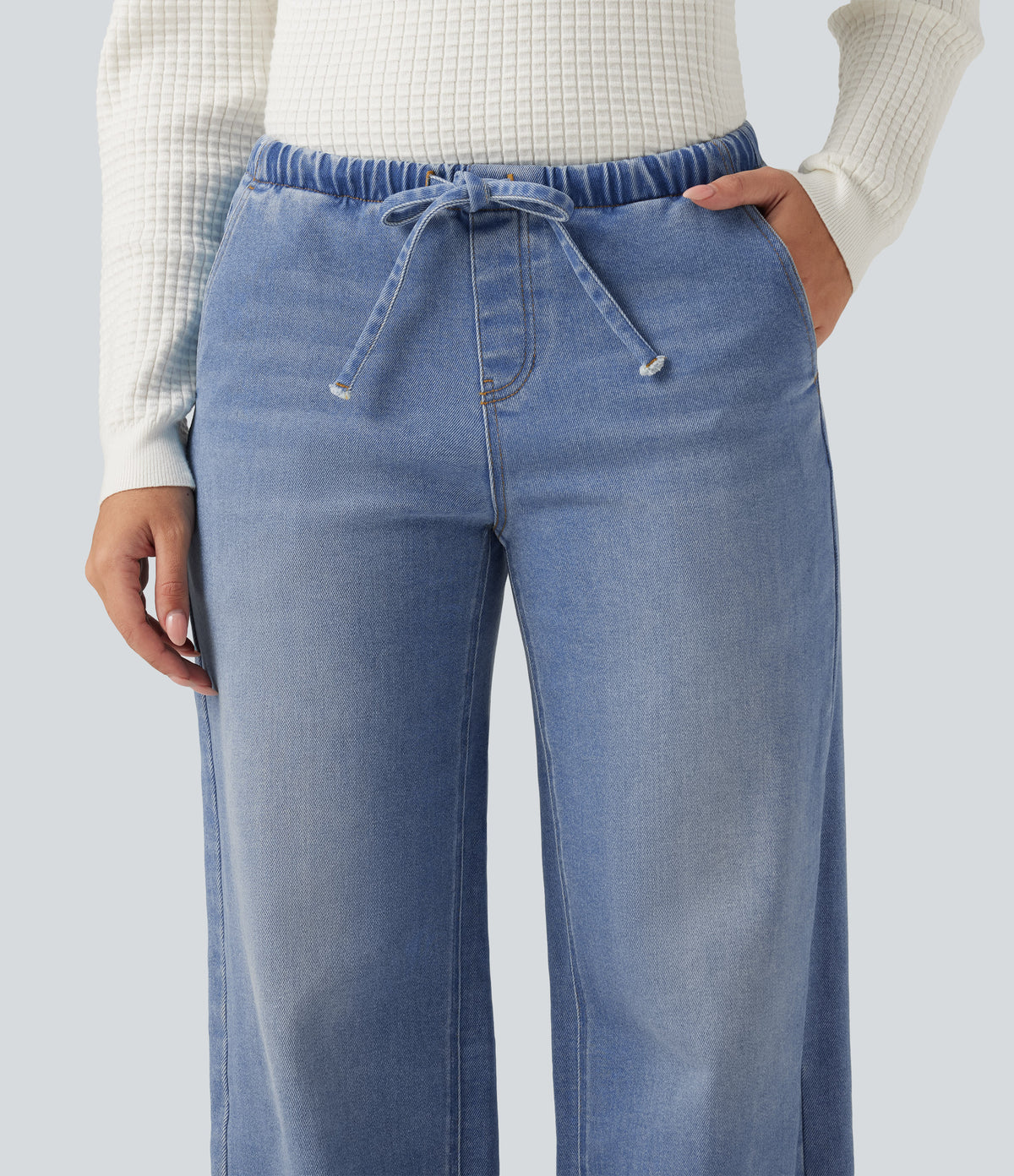 Low Rise Drawstring Wide Leg Casual Jeans with Pockets — Blue Jasper Denim — view 4