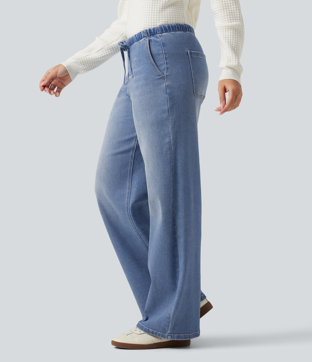 Low Rise Drawstring Wide Leg Casual Jeans with Pockets — Blue Jasper Denim — view 3