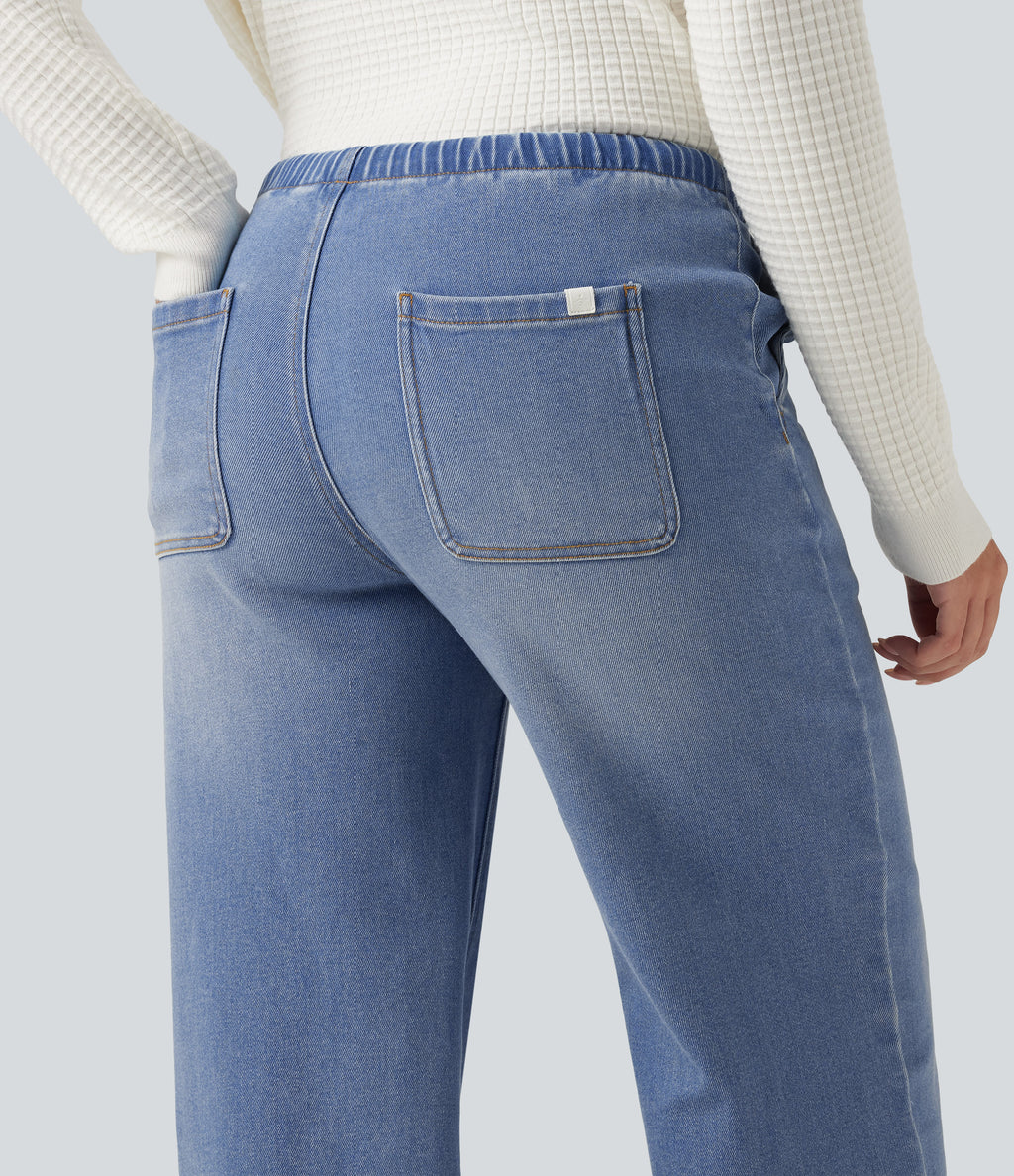 Low Rise Drawstring Wide Leg Casual Jeans with Pockets — Blue Jasper Denim — view 5
