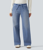 Low Rise Drawstring Wide Leg Casual Jeans with Pockets — Blue Jasper Denim — view 1