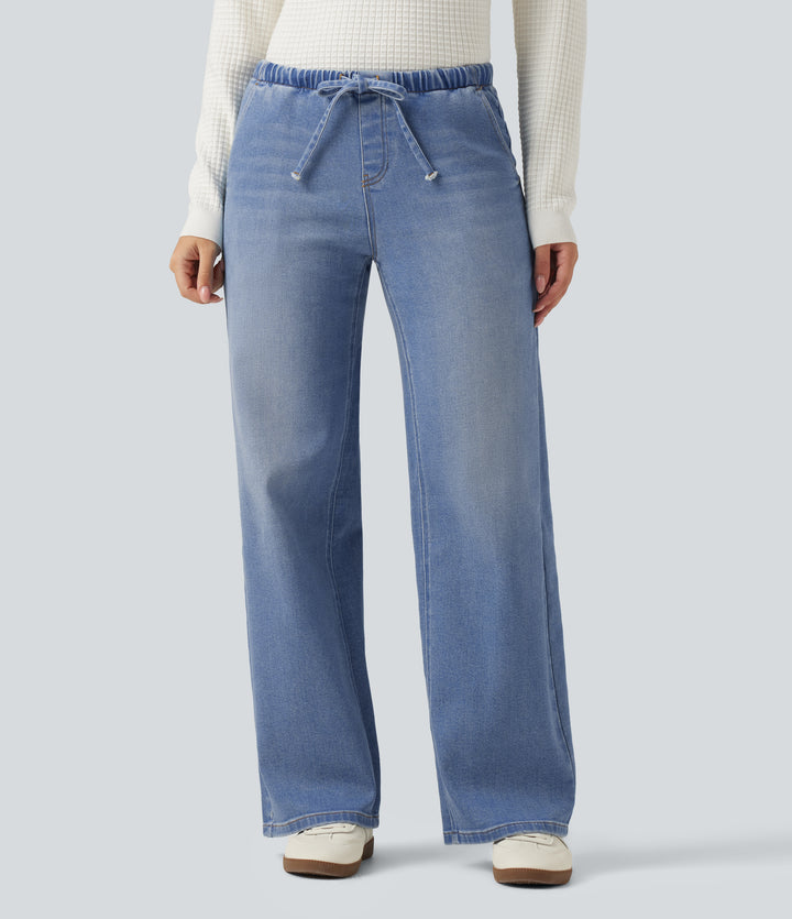 Low Rise Drawstring Wide Leg Casual Jeans with Pockets — Blue Jasper Denim — view 1