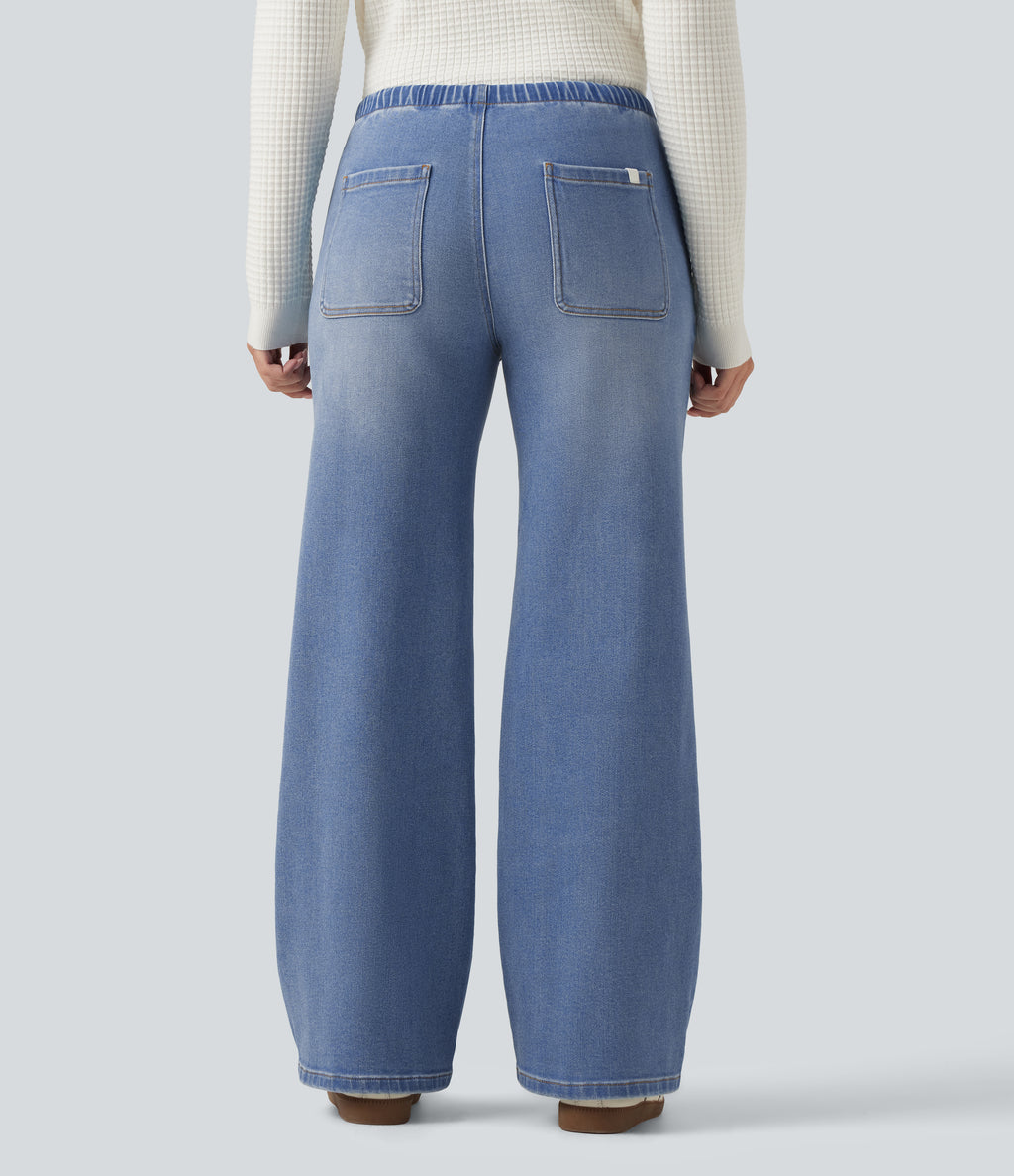 Low Rise Drawstring Wide Leg Casual Jeans with Pockets — Blue Jasper Denim — view 2
