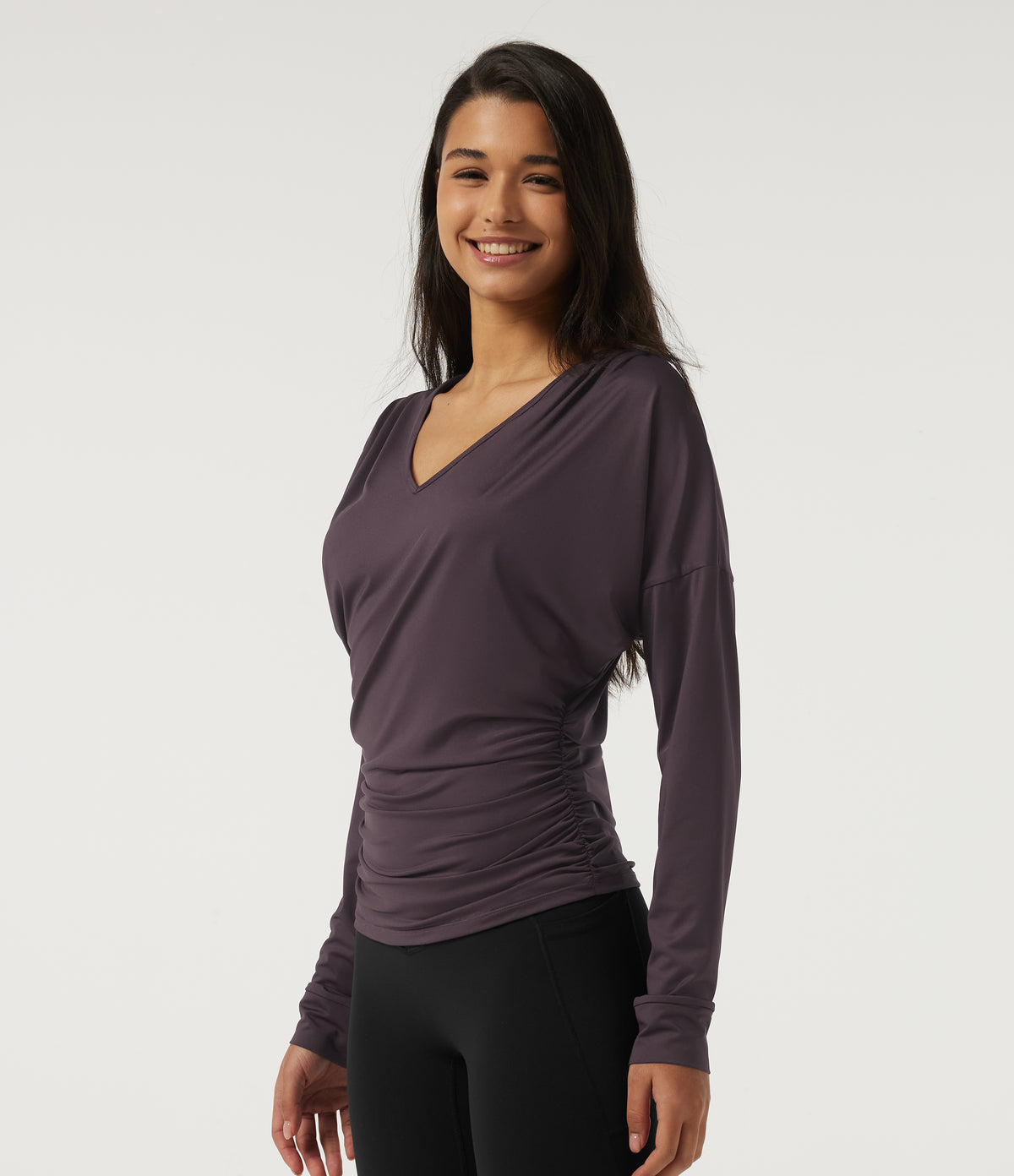 Deep V Neck Long Sleeve Yoga Sports Top — Dark Raspberry Purple — view 4