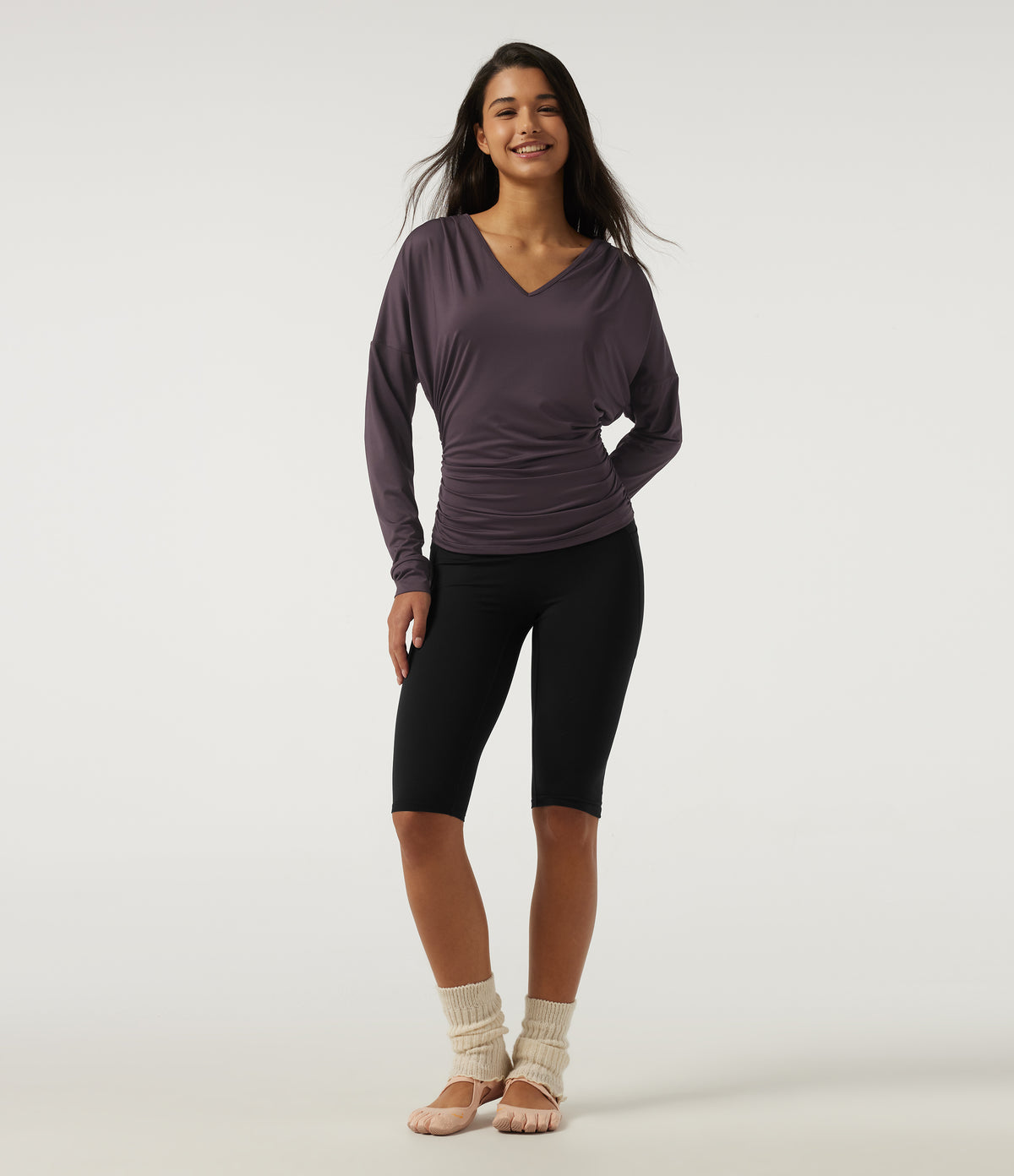Deep V Neck Long Sleeve Yoga Sports Top — Dark Raspberry Purple — view 7