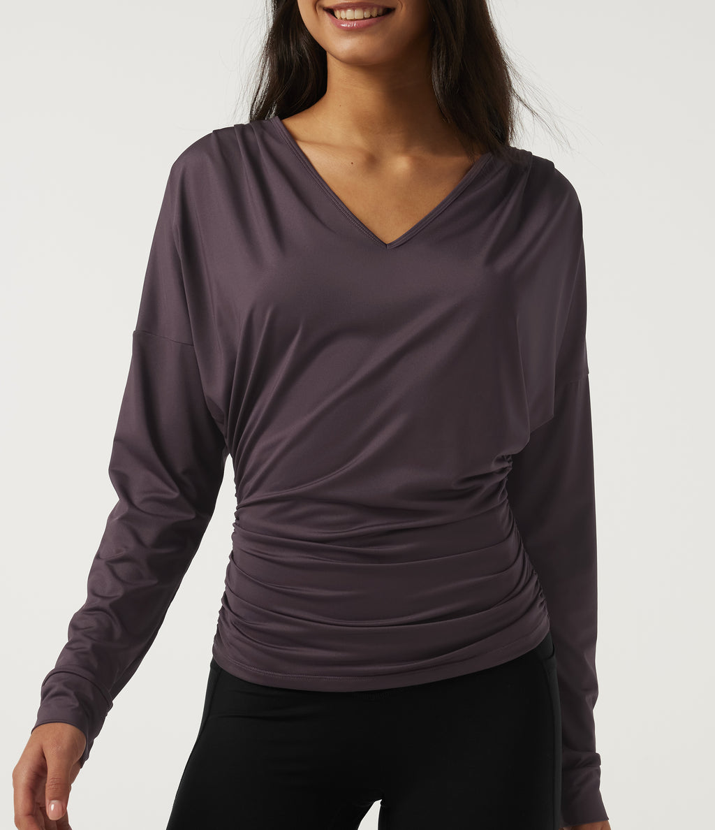 Deep V Neck Long Sleeve Yoga Sports Top — Dark Raspberry Purple — view 5