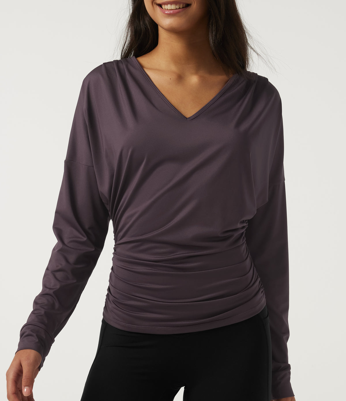 Deep V Neck Long Sleeve Yoga Sports Top — Dark Raspberry Purple — view 5