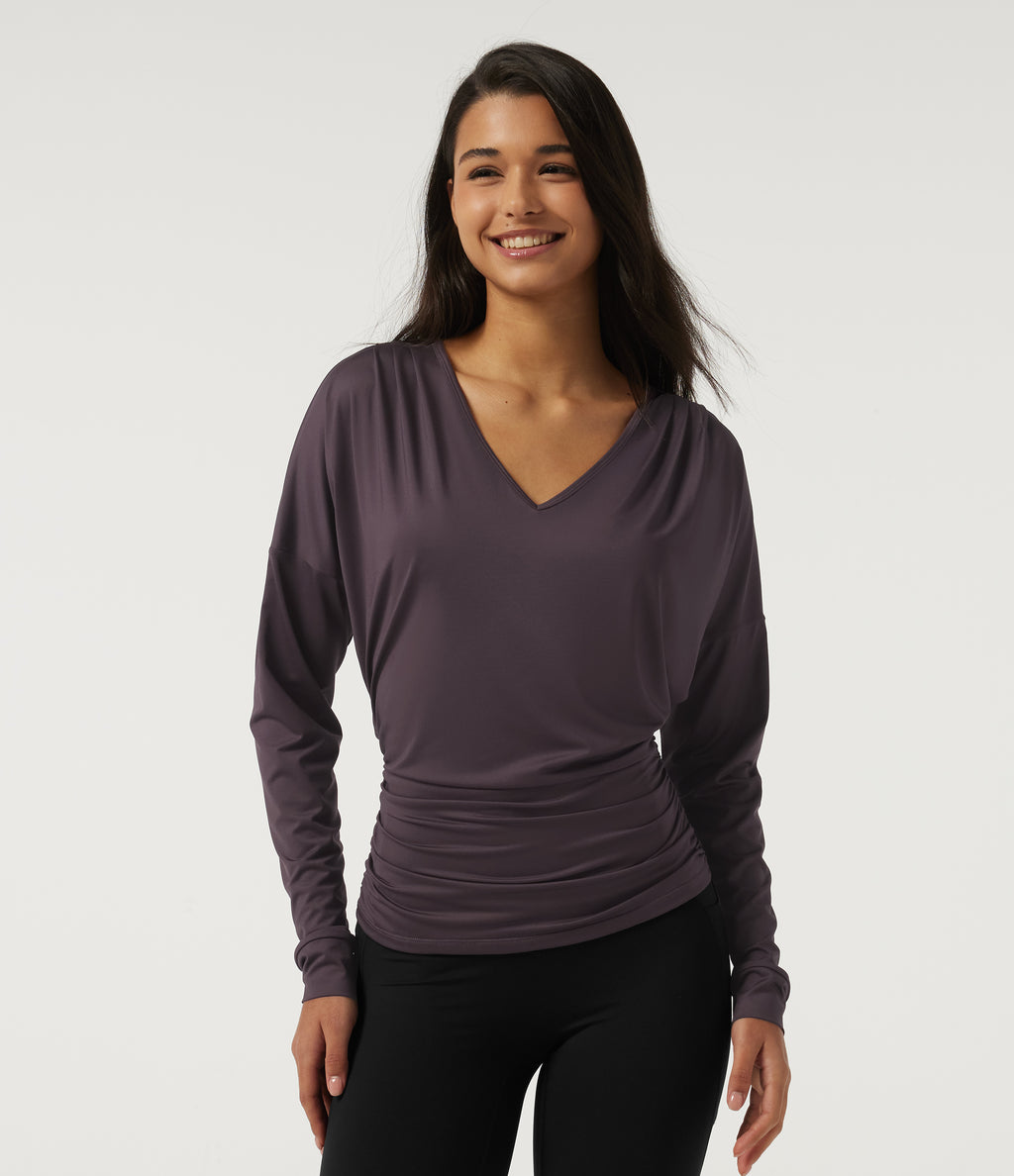 Deep V Neck Long Sleeve Yoga Sports Top — Dark Raspberry Purple — view 3