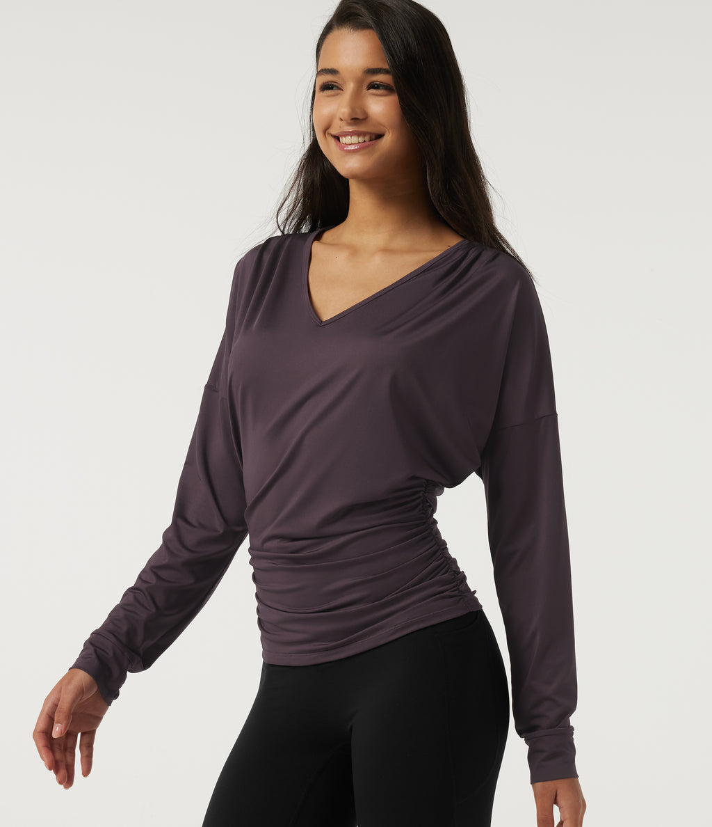 Deep V Neck Long Sleeve Yoga Sports Top — Dark Raspberry Purple — view 1