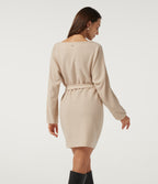 Ribbed Knit Boat Neck Long Sleeve Belted Bodycon Casual Mini Dress-Longer Length — Almond Milk — view 2