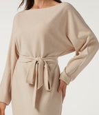 Ribbed Knit Boat Neck Long Sleeve Belted Bodycon Casual Mini Dress-Longer Length — Almond Milk — view 4