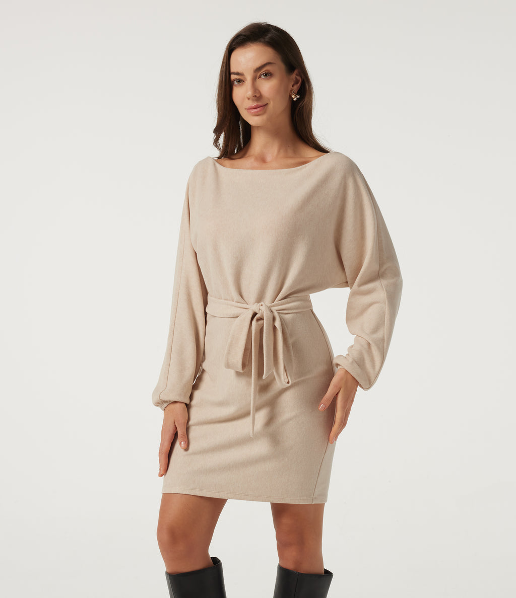 Ribbed Knit Boat Neck Long Sleeve Belted Bodycon Casual Mini Dress-Longer Length — Almond Milk — view 3