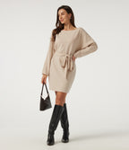 Ribbed Knit Boat Neck Long Sleeve Belted Bodycon Casual Mini Dress-Longer Length — Almond Milk — view 6