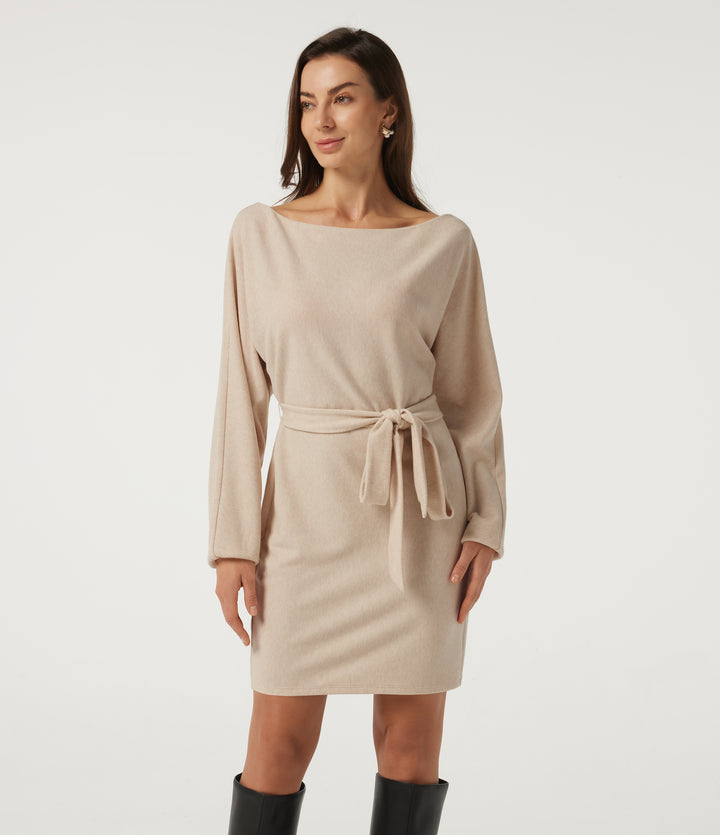 Ribbed Knit Boat Neck Long Sleeve Belted Bodycon Casual Mini Dress-Longer Length — Almond Milk — view 1