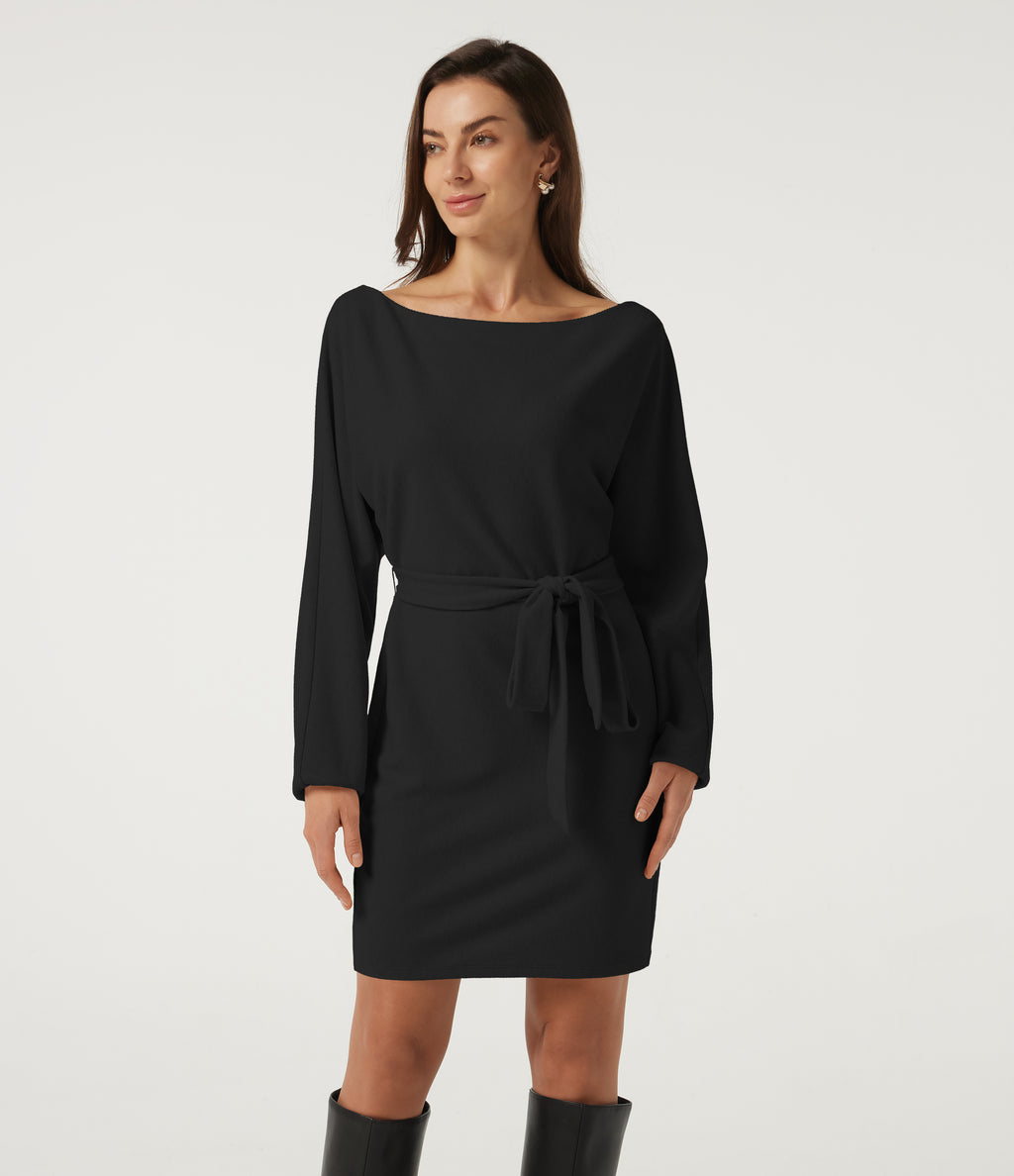 Ribbed Knit Boat Neck Long Sleeve Belted Bodycon Casual Mini Dress-Longer Length — Black — view 7