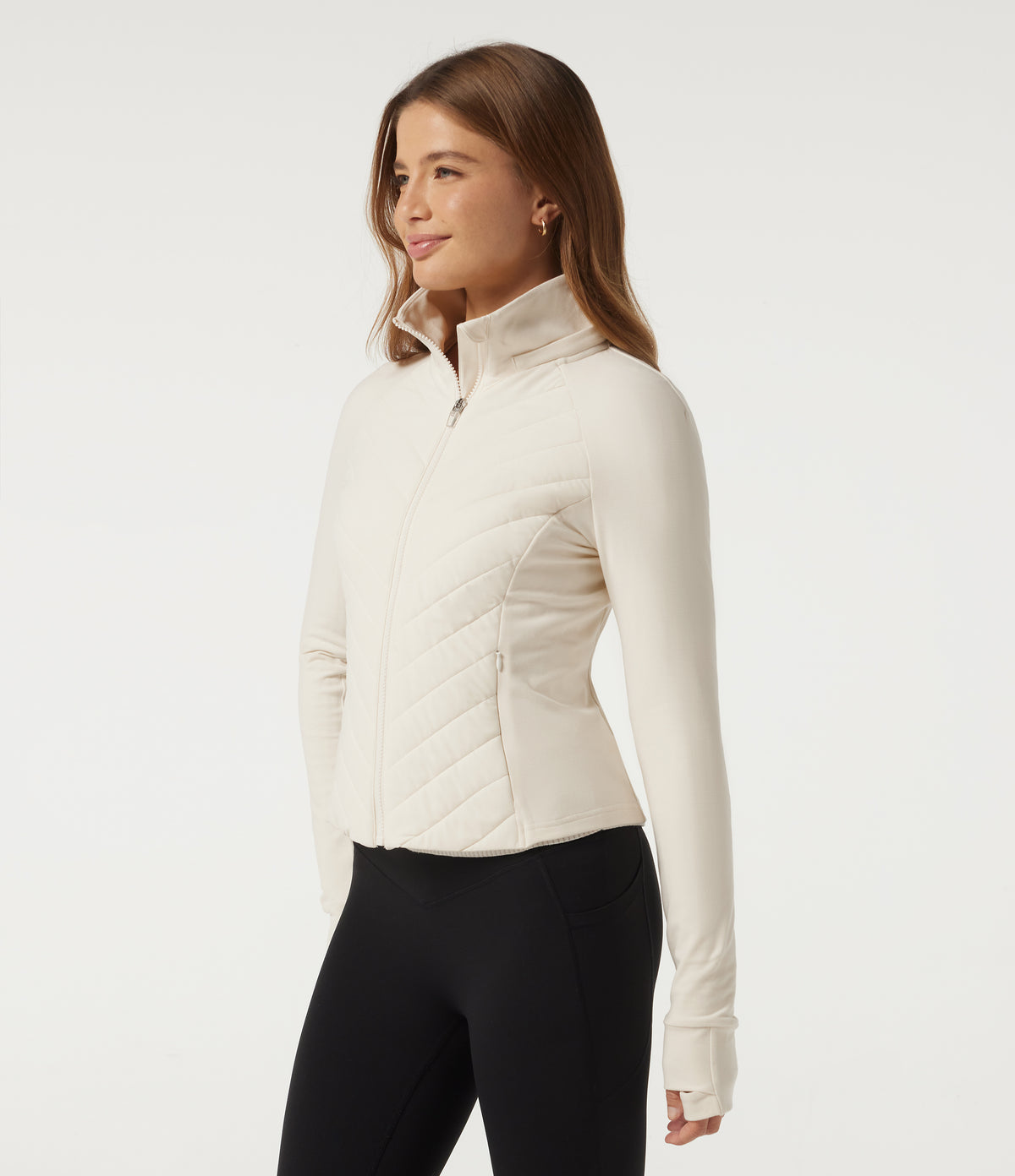 PuffFlex Wrinkle Recovery Hooded Quilted Casual Padded Jacket with Pockets and Thumbholes — Egret — view 3