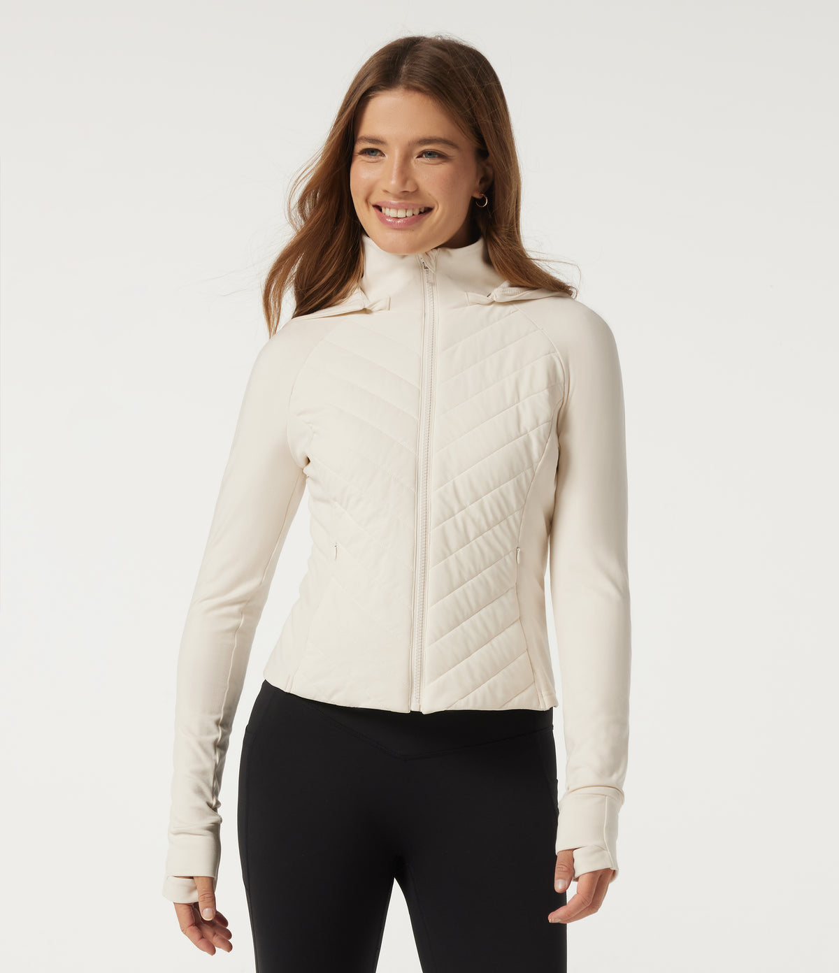 PuffFlex Wrinkle Recovery Hooded Quilted Casual Padded Jacket with Pockets and Thumbholes — Egret — view 1
