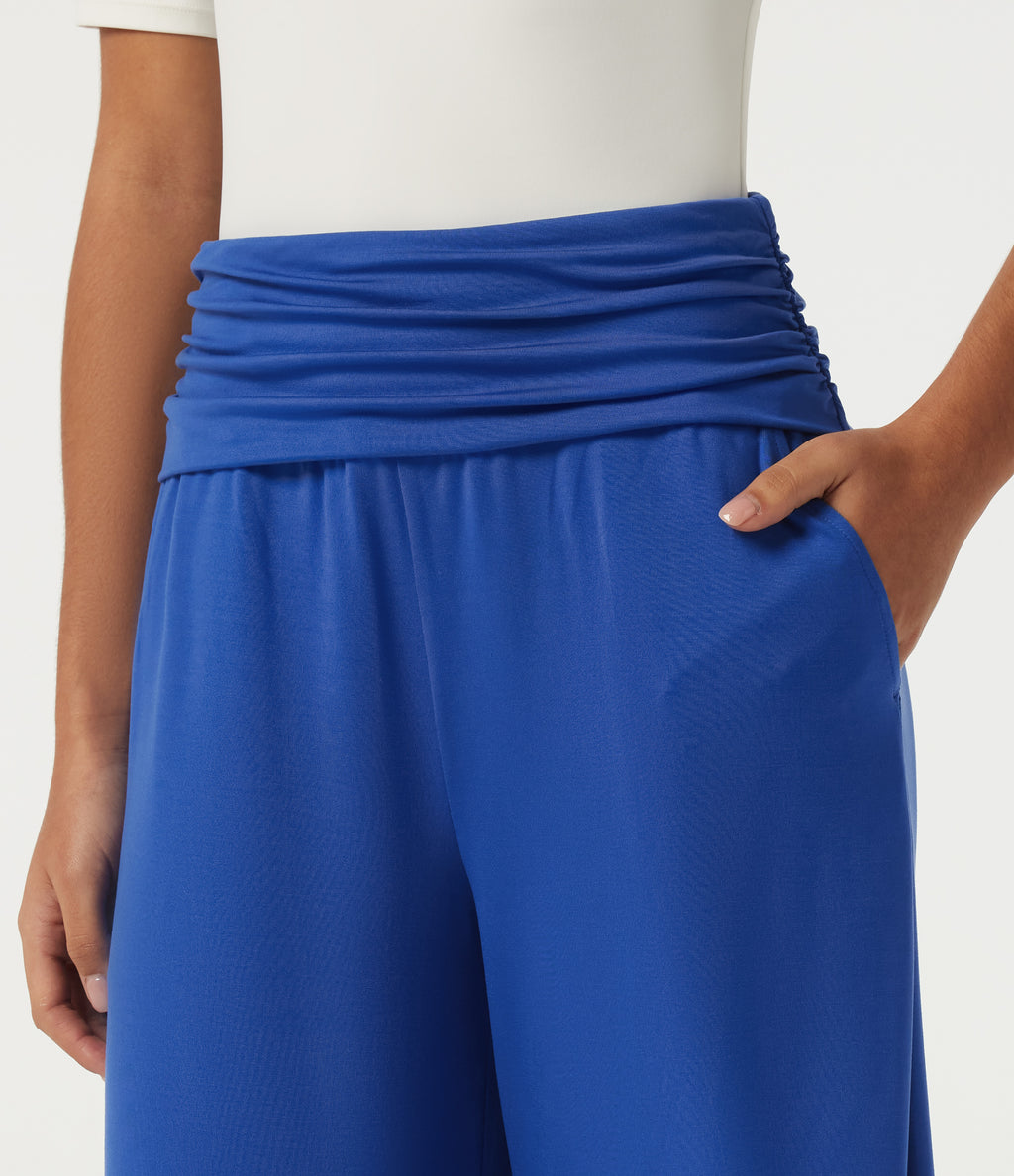 High Waisted Ruched Wide Leg Work Trousers with Pockets — Beaucoup Blue — view 4