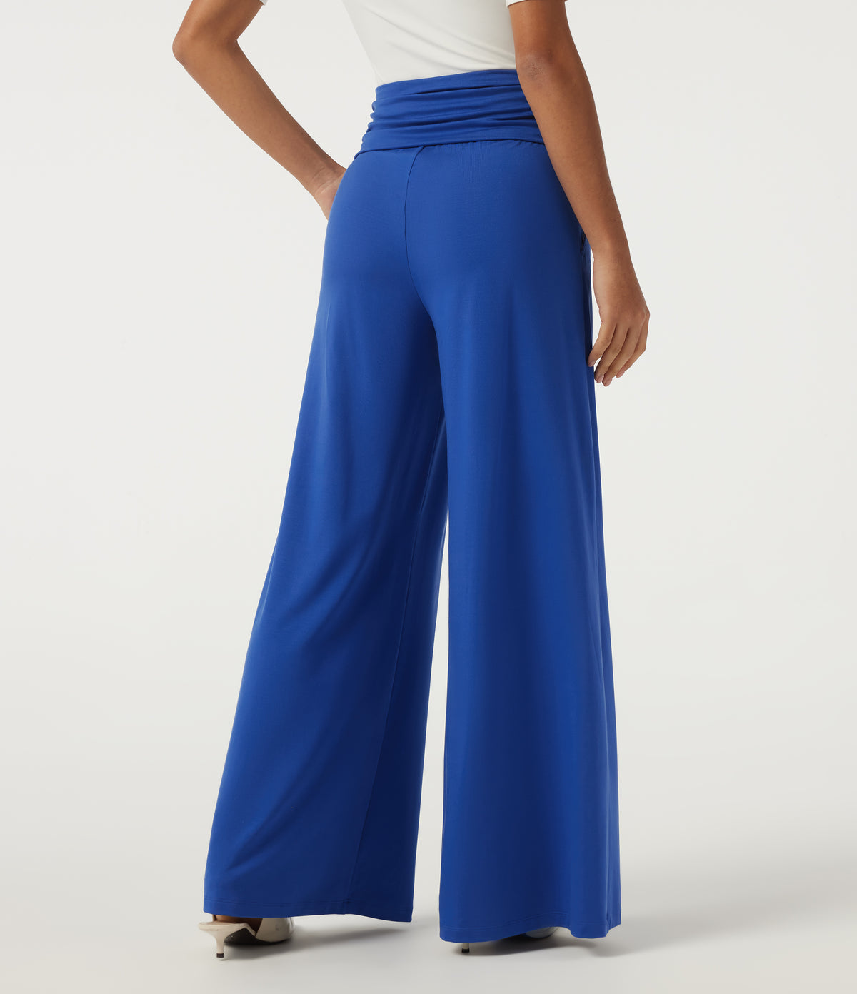 High Waisted Ruched Wide Leg Work Trousers with Pockets — Beaucoup Blue — view 2