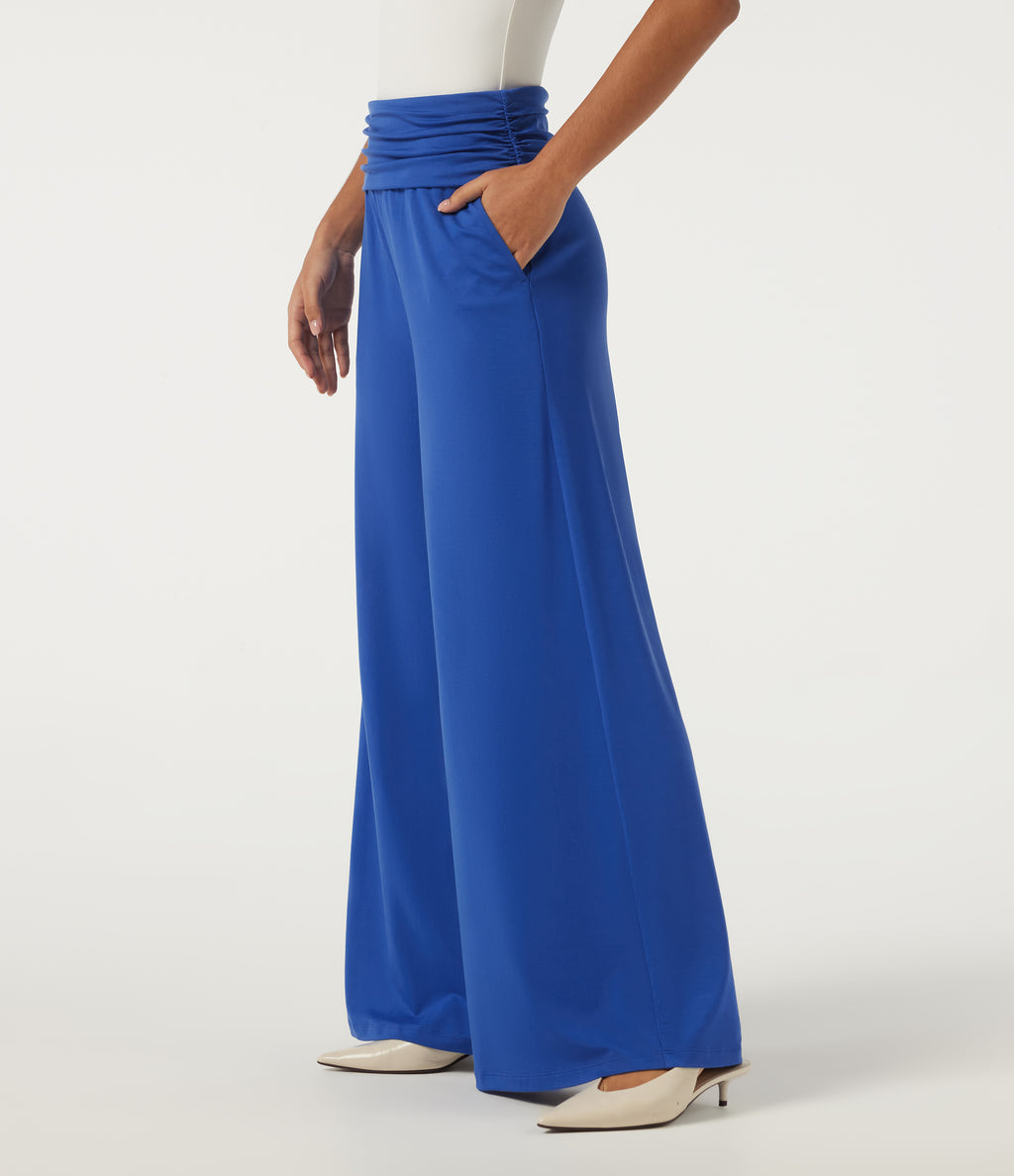 High Waisted Ruched Wide Leg Work Trousers with Pockets — Beaucoup Blue — view 3