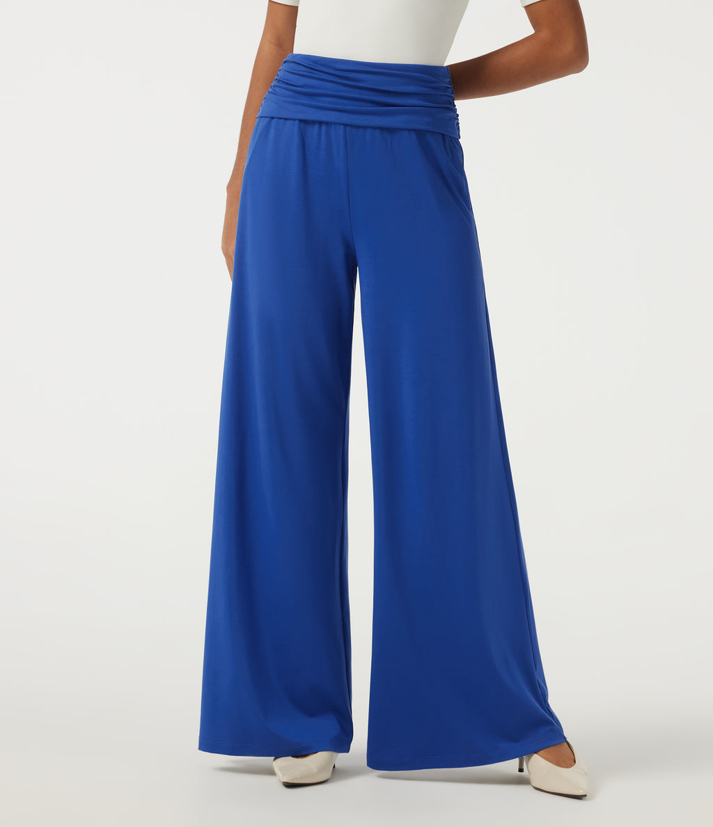 High Waisted Ruched Wide Leg Work Trousers with Pockets — Beaucoup Blue — view 1