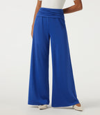 High Waisted Ruched Wide Leg Work Trousers with Pockets — Beaucoup Blue — view 1